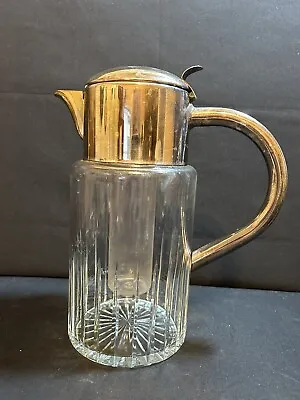 Vintage Cut Glass PITCHER With Ice Holder Silverplate Top 11  Tall X 5  Diameter • $22.99