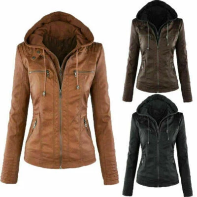 $55 • Buy Women's Leather Jacket Motorcycle Biker Double-Layer Hooded Coat Outwear Tops