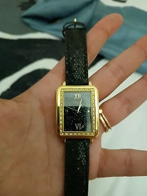 Guess Space Stars Dial Gold Tone Rectangle Crystal Accent Black Band Watch • $10