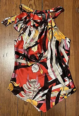 MEXX 100% Silk Halter Blouse Tank Top Tropical VIVID BOLD Bow Fitted Red 6 • $24.75
