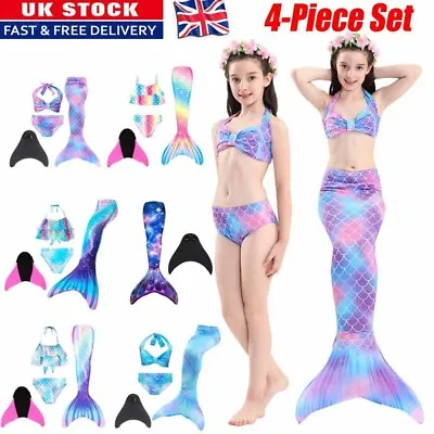 Kids Mermaid Tail With Monofin Swimmable Bikini Set Swimsuit Swimming Costume-UK • £15.82