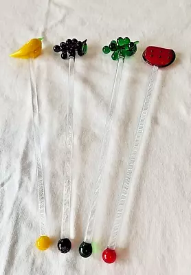 Vintage Set 4 Hand Blown Glass Assorted Fruits Cocktail Stirrers Swizzle Sticks • $12