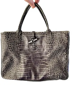 LONGCHAMP CROC EMBOSSED ROSEAU Leather Handbag Tote Gray Bag Purse 13”x9” • $89.99