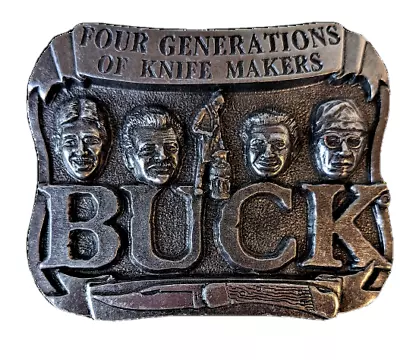 Belt Buckle Buck Knife Makers Four Generations Silver Pewter Vintage • $9.89