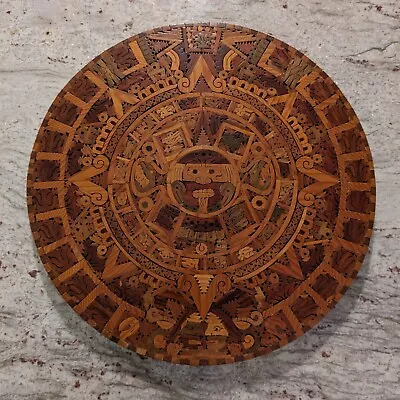 LARGE Aztec Mayan Calendar Solid Wood Hand Carved Inlay 19” Wall Art Colorful • $289.99