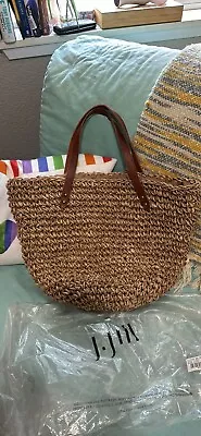 J JILL  STRAW TOTE BAG BEACH COASTAL  Cognac LEATHER STRAP 20  X 12  • $40