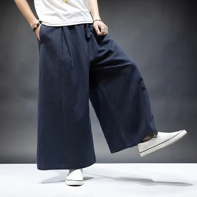 Japanese Wide-leg Pants Men Extra Baggy Cotton Linen Meditation Trousers M-3XL L • $57.11