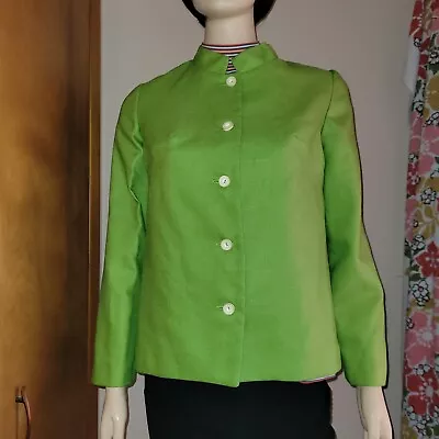 Vintage 1960s Sears Linen Suit Jacket Nehru Collar Apple Green Wool Blend • $60