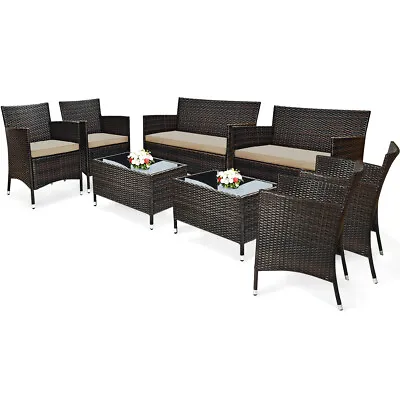 8PCS Patio Rattan Sofa Set Outdoor Patio PE Cushioned Couch Wicker Furniture • $375.99