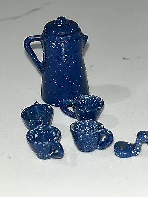 10 Vintage Dollhouse Graniteware Blue & White Pieces / Miniature Fork Ladle Cups • $9.99