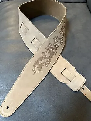 Leather Guitar Strap - Beige Leather Embossed Celtic Dragon -  3’ Wide • $29