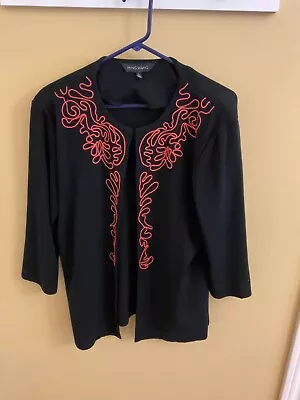 MING WANG Open Front Cardigan Jacket Lightweight Stretch Knit Black & Red Large • $25