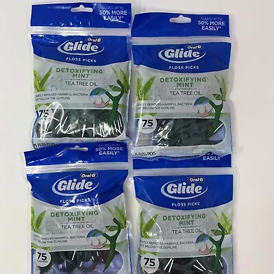 Lot Of 4 Oral-B Glide Dental Floss Picks Detoxifying Mint Tea Tree Oil 75ct Each • $34.99