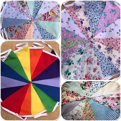 HANDMADE FABRIC BUNTING.Vintage Floralsginghams.Weddings Banners.Rainbowwhite. • £4.95