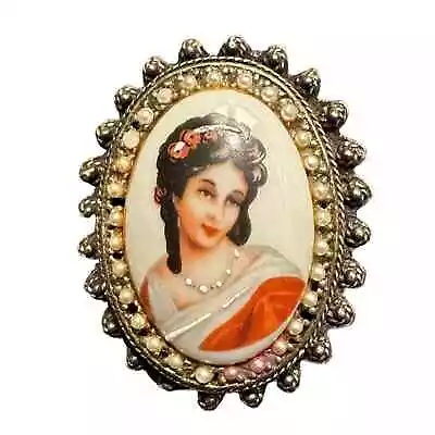 Limoges France Florenza Hand Painted Brooch Cameo Beautiful Woman Seed Pearl VTG • £33.26
