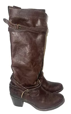 Frye Jane Boots 76396 Womens 9.5B Tall Strappy Brown Leather Riding • $58.99