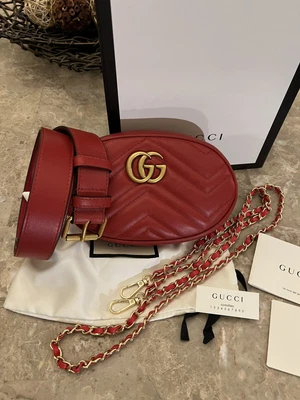 $1275 • Buy Gucci Red Matelassé Leather GG Marmont Belt Bag
