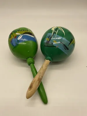 Vintage Mexican Green Hand  Carved Wooden Maraca Rumba Shakers Rattle • $9.99