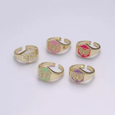 Dainty Micro Pave Mariposa On Colorful Hexagon Enamel Bold Adjustable Cuff Ring • $9.49