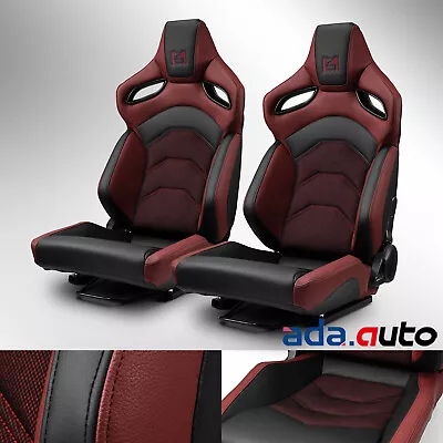 Universal Reclinable PVC Racing Seats Pair Car Seat Black-Red Full Set W/Sliders • $399.38