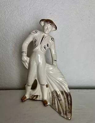 Very Mid-Century Ceramic Matador Bull Fighter White W/Gold 11.25” Tall • $20