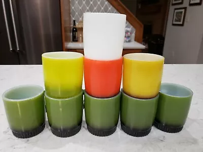 9 Vtg Fire King Milk Glass Ribbed Stackable Coffee Cups Mugs Green White Red/Or • $54.99