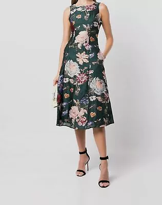 $1332 Marchesa Notte Women's Green Floral Jewel Neck Fit & Flare Dress Size 4 • $426.38