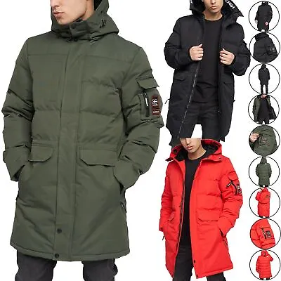 Mens Crosshatch Long Below Knee Parka Coat Puffer Padded Hooded Bubble Jacket • £40.99