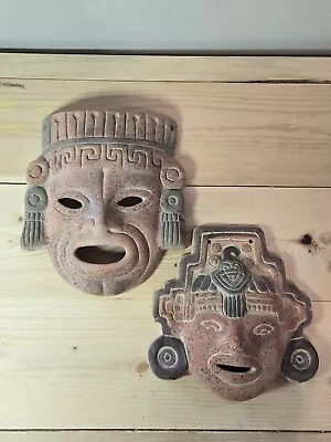 Vintage Terra Cotta Warrior Aztec Mayan Mask Mexican Folk Art Wall Hangings 2 • $38