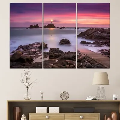 Sea Lighthouse Pink Sky Scenery 3 Piece Canvas Print Wall Art Poster Home Decor • $103.85