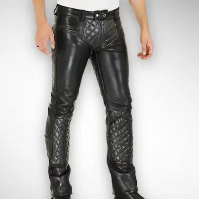 Men's Gay Leather Pant Genuine Lambskin Slim Fit Bluff Bike Rider Style Pants • $105