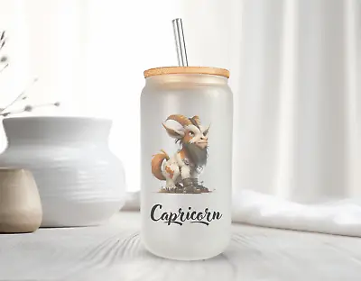 CAPRICORN Zodiac Sign Frosted Glass Can With Bamboo Lid 16 Oz Glass Cup  Mugzan • $17.99