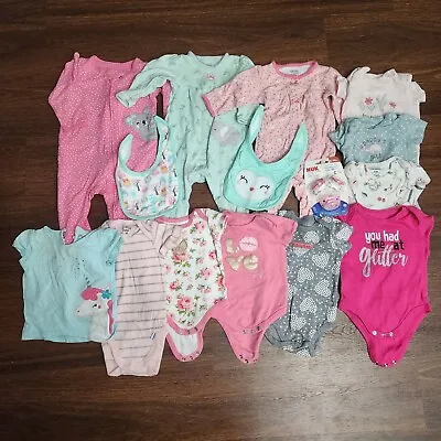 Girls 3-6 Month Summer Clothes Lot Of 12 + 2 Bibs And NUK Pacifier - Carters • $22.05