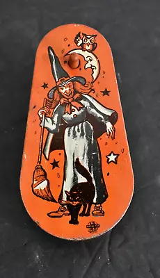 Vintage Tin Litho Halloween Witch Owl Noisemaker U.S. Metal Toy Co Wood Handle • $44.99