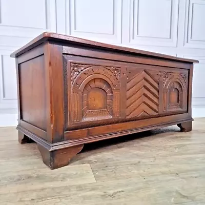 Antique Vintage Carved Solid Wood Blanket Box Mule Chest Trunk Table Coffer Oak • £229.99