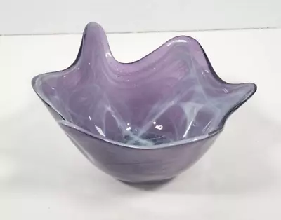 Murano Style Art Glass Purple Swirl Floral Petal Bowl Trinket Dish 7” • $25