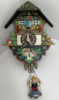 Vintage Wooden Miniature Cuckoo Clock Forest Mushroom Deer Swiss Girl Swing 6” • $24.99