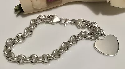 VTG M Italy 925 Sterling Silver Rolo Link Heart Charm Lobster Bracelet 7.5” 19g • $49.45