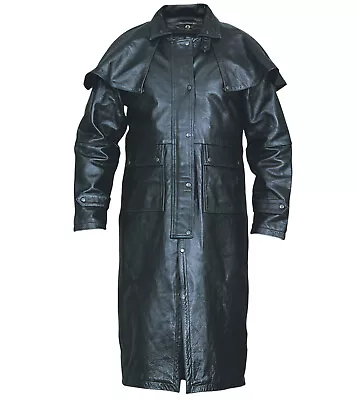 Mens Buffalo Hide Leather Motorcycle Duster Jacket Removable Cape Pockets Straps • $288