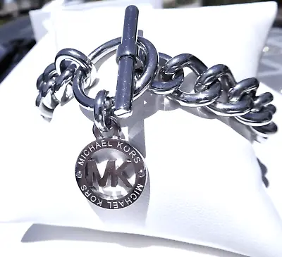 Michael Kors Bracelet Iconic Logo Silver Chain Toggle 8  B73 • $49