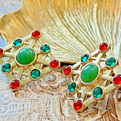 Brand NEW Vintage European Gold Plated Resin Earring Silver Post Green 1980 • $28