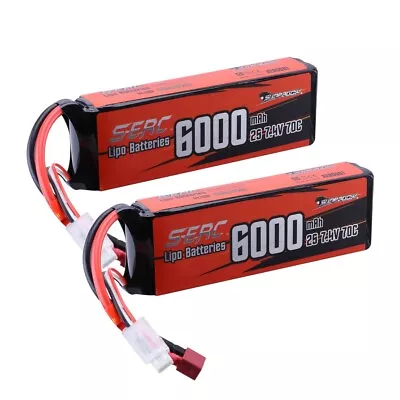 2x Sunpadow 2S Lipo Battery 6000mAh 7.4V 70C T Plug RC Car Truck Buggy Hobby • £46.80