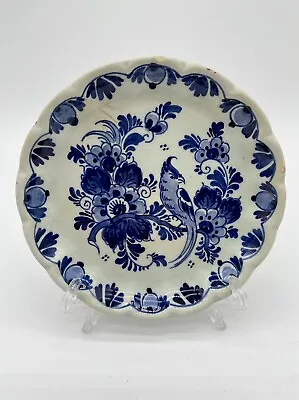 Royal Delft Floral 4  Plate Scallop Rim Wall Plate Hand Paint Signed Bird Flower • $15.95