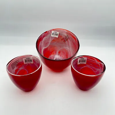 3 NWT Blown Red Glass Bowls Candy Dish Candle Holders Made In Spain White Swril • $48