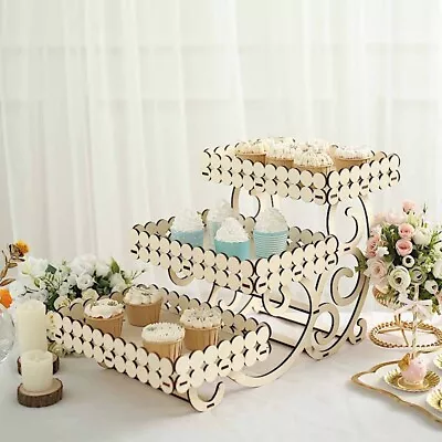 22 In Natural 3 Tier Laser Cut Rectangle Wooden Cupcake DESSERT STAND Events • $28.97