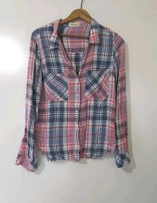 Bella Dahl Women’s Small Pink White Blue Plaid Button Down Shirt Rayon Fray Hem • $24.99