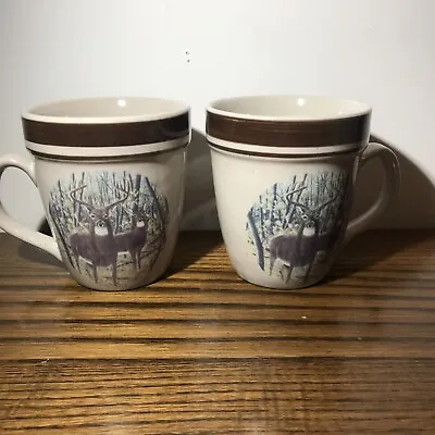 2 Cabelas Folkcraft Stoneware Whitetail Buck Deer Coffee Mugs Cups • $12.79