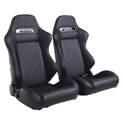 1 Pair Racing Seats Sport PU Leather Reclinable Bucket Seats W/ 2 Slides Black • $365
