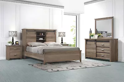 NEW Rustic Brown Queen King 4PC Bed Set Sliding-Door Farmhouse Furniture B/D/M/N • $1429.99