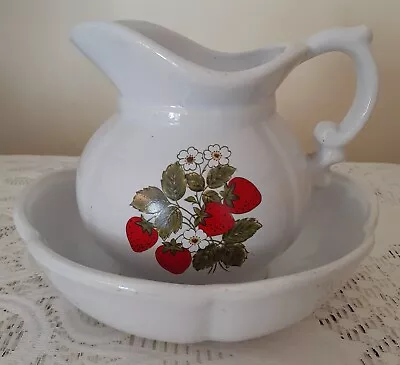 Vintage McCoy Washing Bowl & Pitcher -  White With Strawberry Design • $14.25